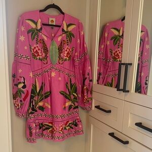 FARM Rio Pink Tropical Embroidered Long Sleeve Mini Dress